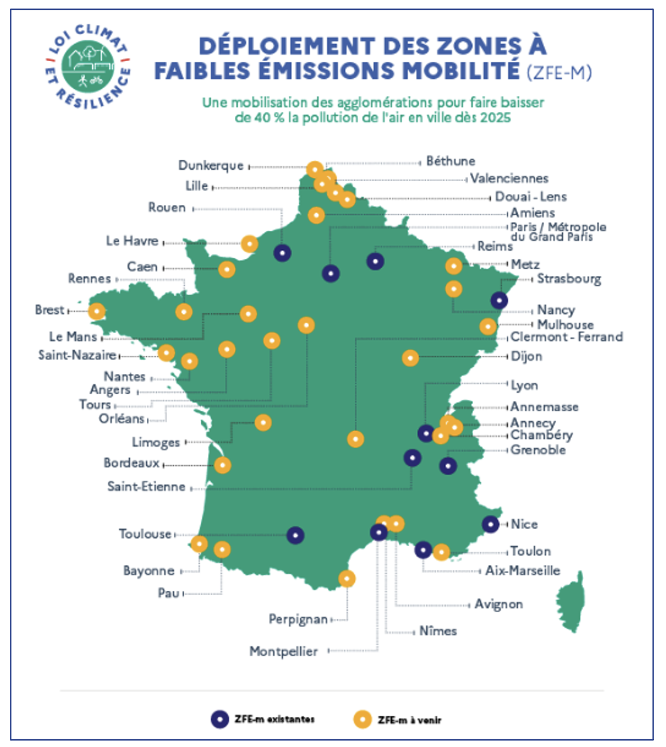 Carte décrivant les zones à faible émission mobilité en 2023.