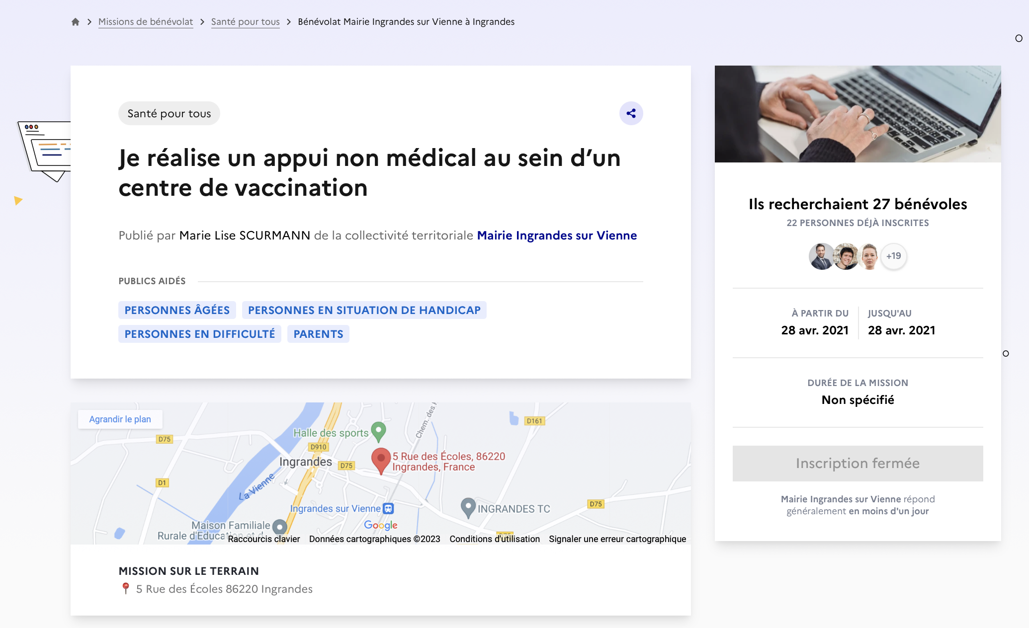 Exemple de page d'inscription à un événement pour des bénévoles potentiels