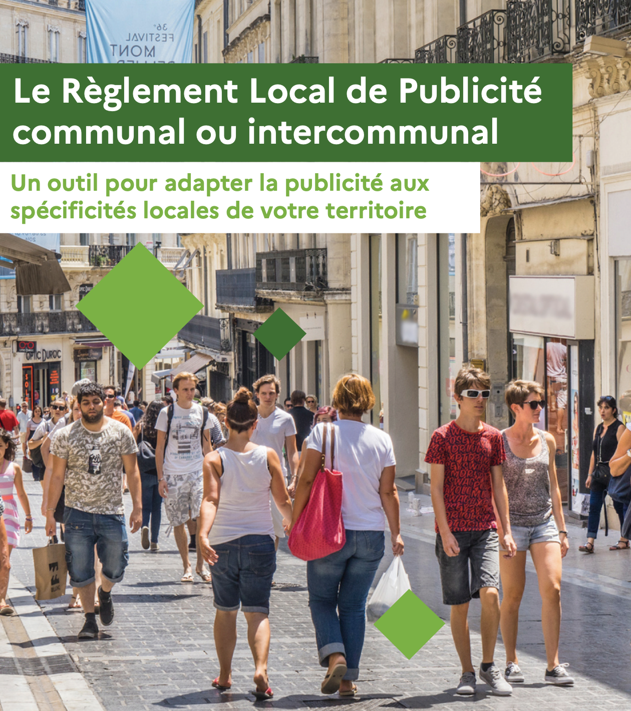 Couverture de la plaquette de présentation de l'appel à projets Règlements locaux de publicité intercommunaux édition 2023. On y voit un centre-ville.