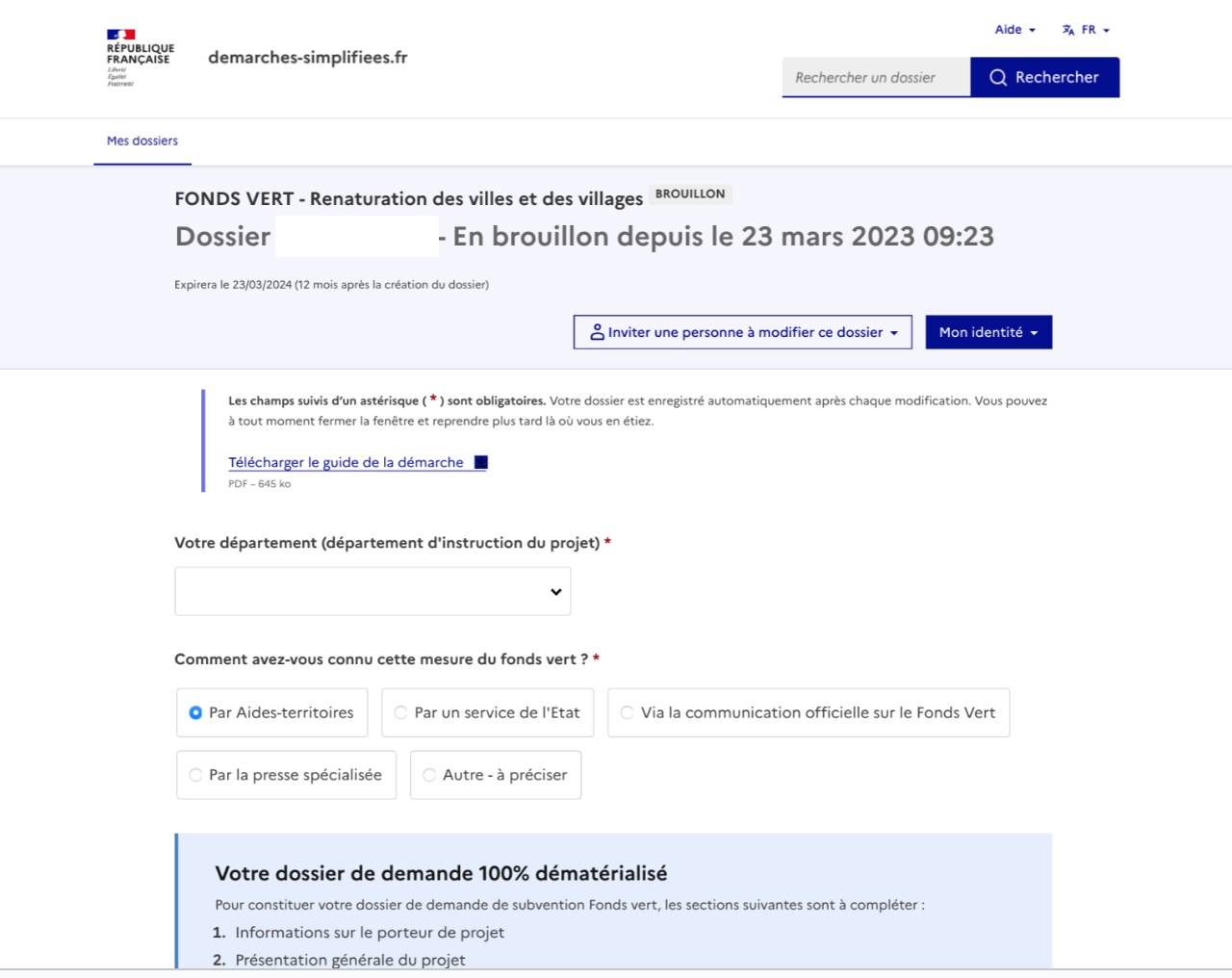 Écran du dossier de candidature